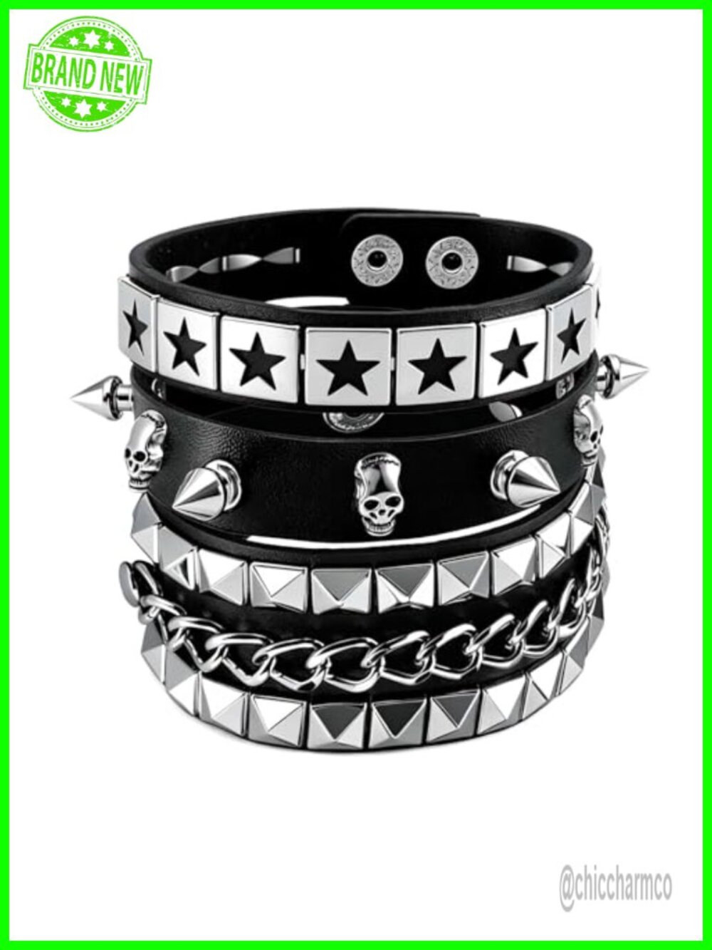 Punk Rock Spiked Cuff Bracelets Set - Faux Leather Adjustable Wrist